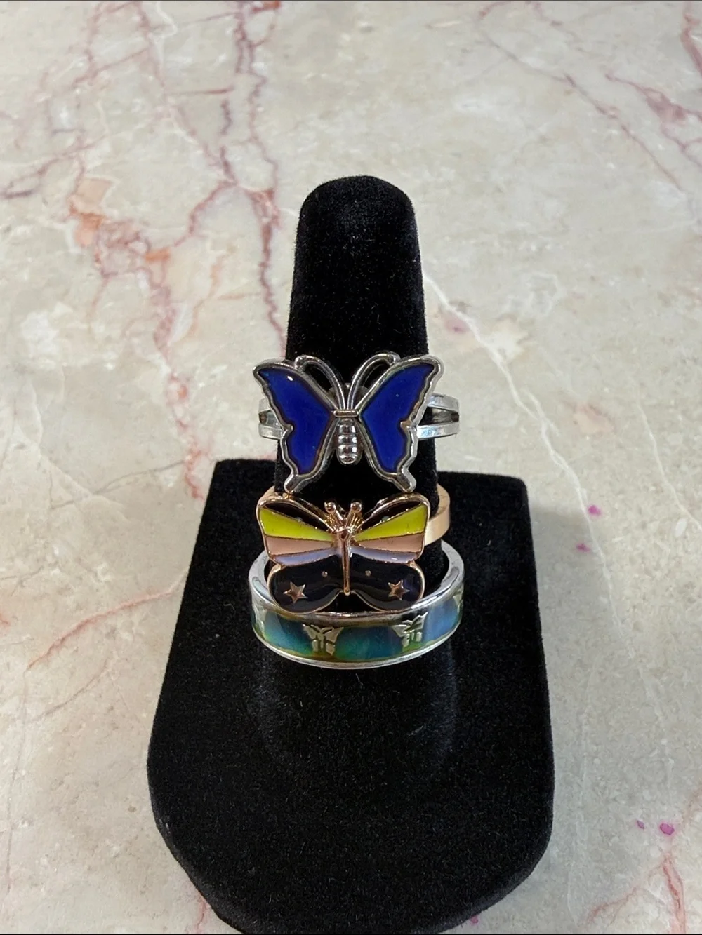 Butterfly Stackable Rings - Blue, Yellow, Green, Size 5